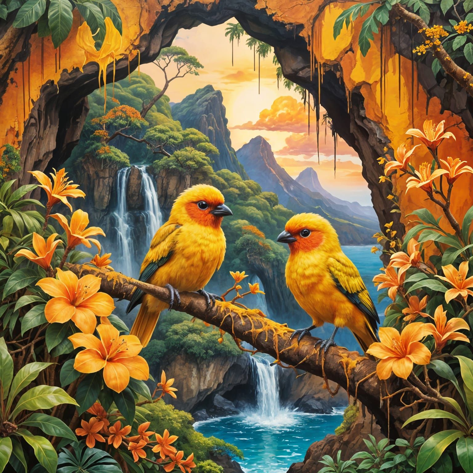 Cute Fluffy Yellow Bird in Blooming Shower Tree