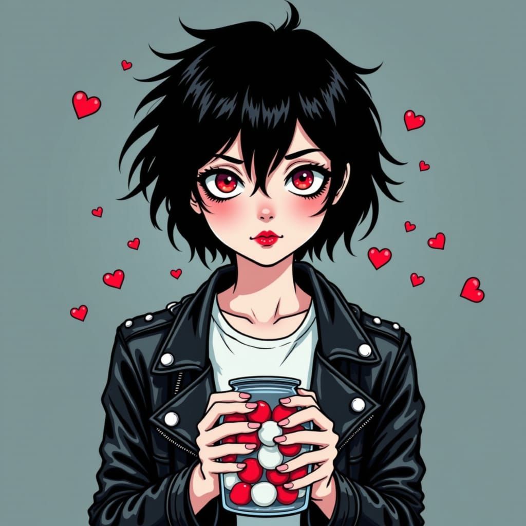 Gothic Emo Cartoon Girl with Red and White Jellybeans