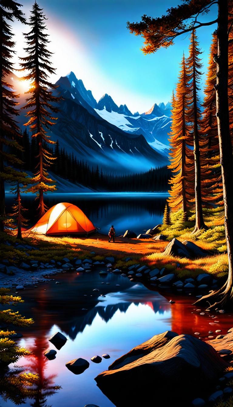 Autumn Camping Scene in Impressionist Gouache Style