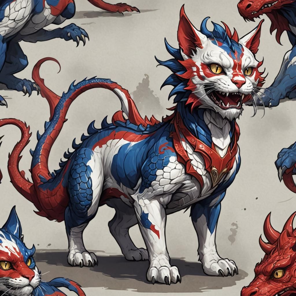 Cat-Dragon Hybrid Creature in Red, White, and Blue