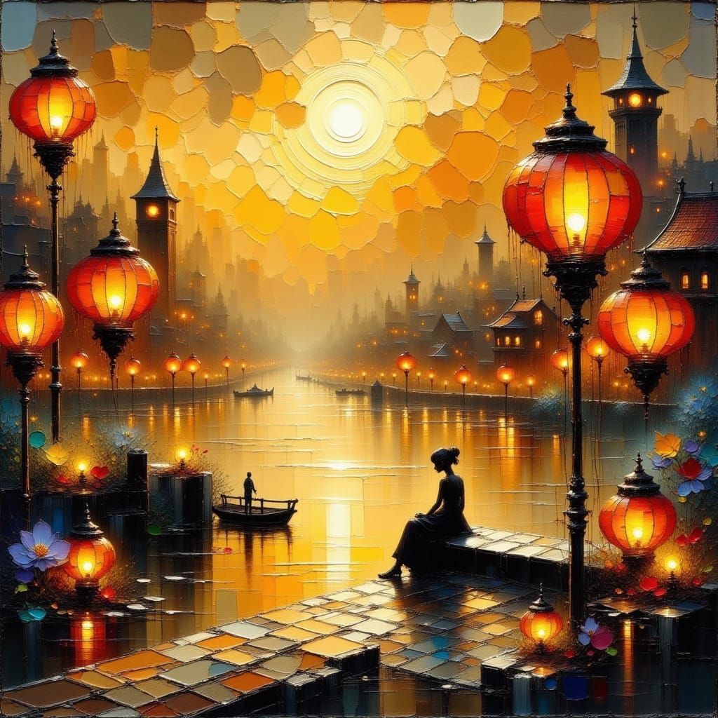 City at Night, Shining with Lanterns in a Romantic Impasto S...