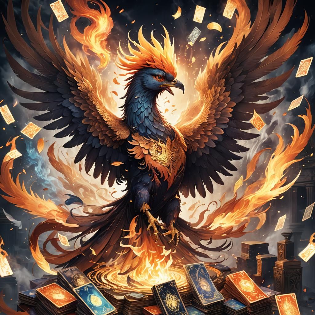 Mystical Phoenix with Tarot Cards in Anime Style
