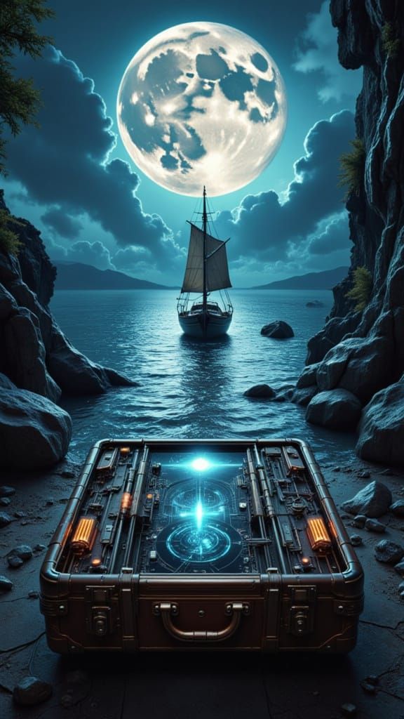 Dreamy 3D Double Exposure of a Suitcase Opening to a Tranqui...