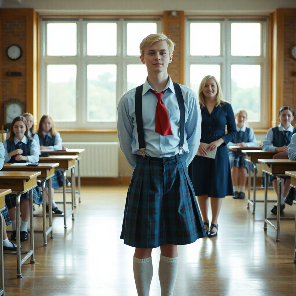 Confident Teen Boy Joins Female Classmates in Traditional Cl...