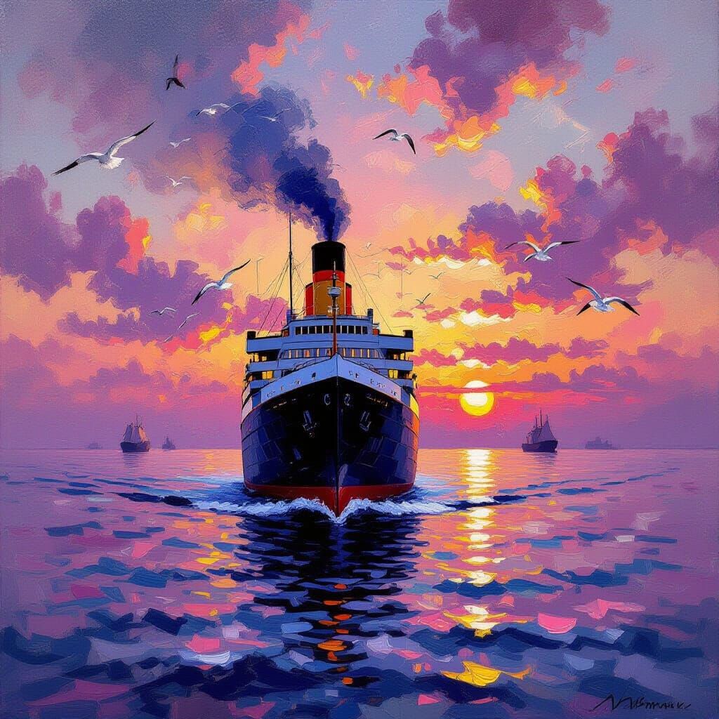 Impressionist Steamship Sailing at Dramatic Sunset