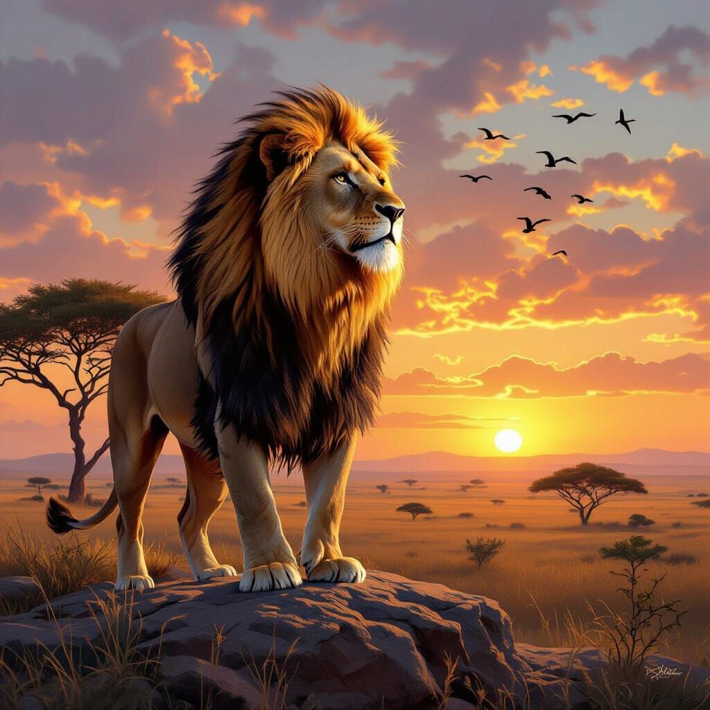 Lion Overlooking African Savanna in Wildlife Art Style