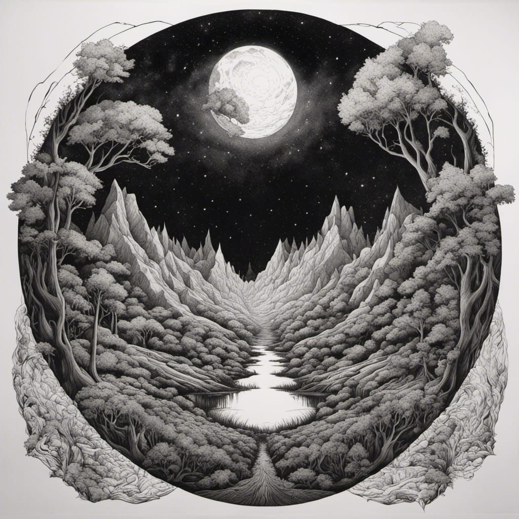 Ink Landscape Drawing with Volumetric Lighting