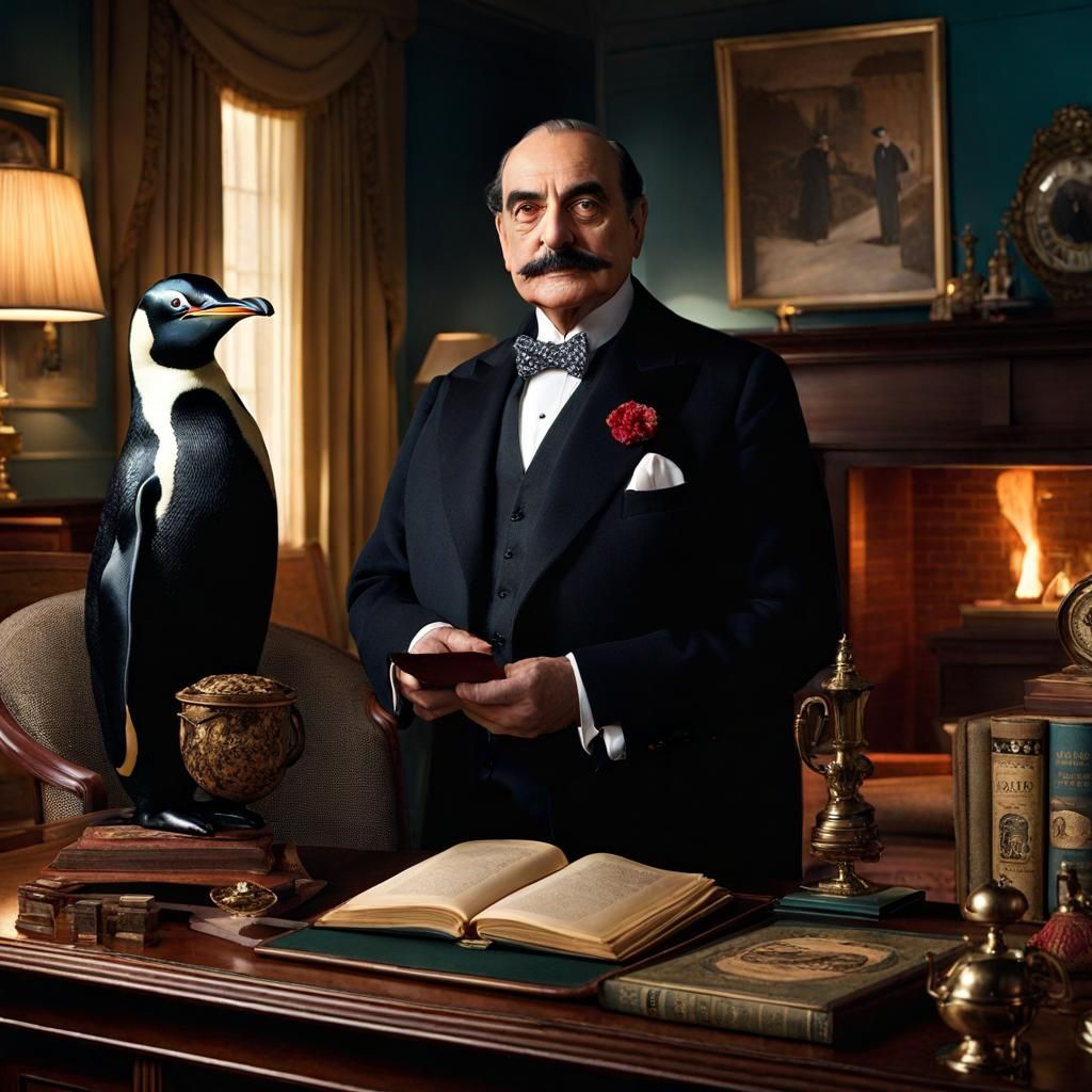 Hercule Poirot and a Penguin (left).