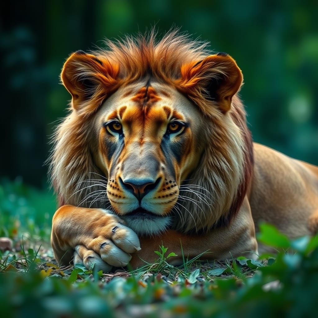 Resting Lion in Lush Forest: Photorealistic Image