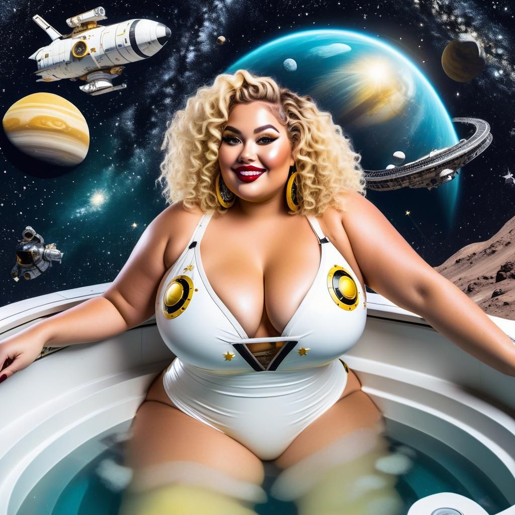 Curvy Astronaut in Hot Tub Gazing at Stars