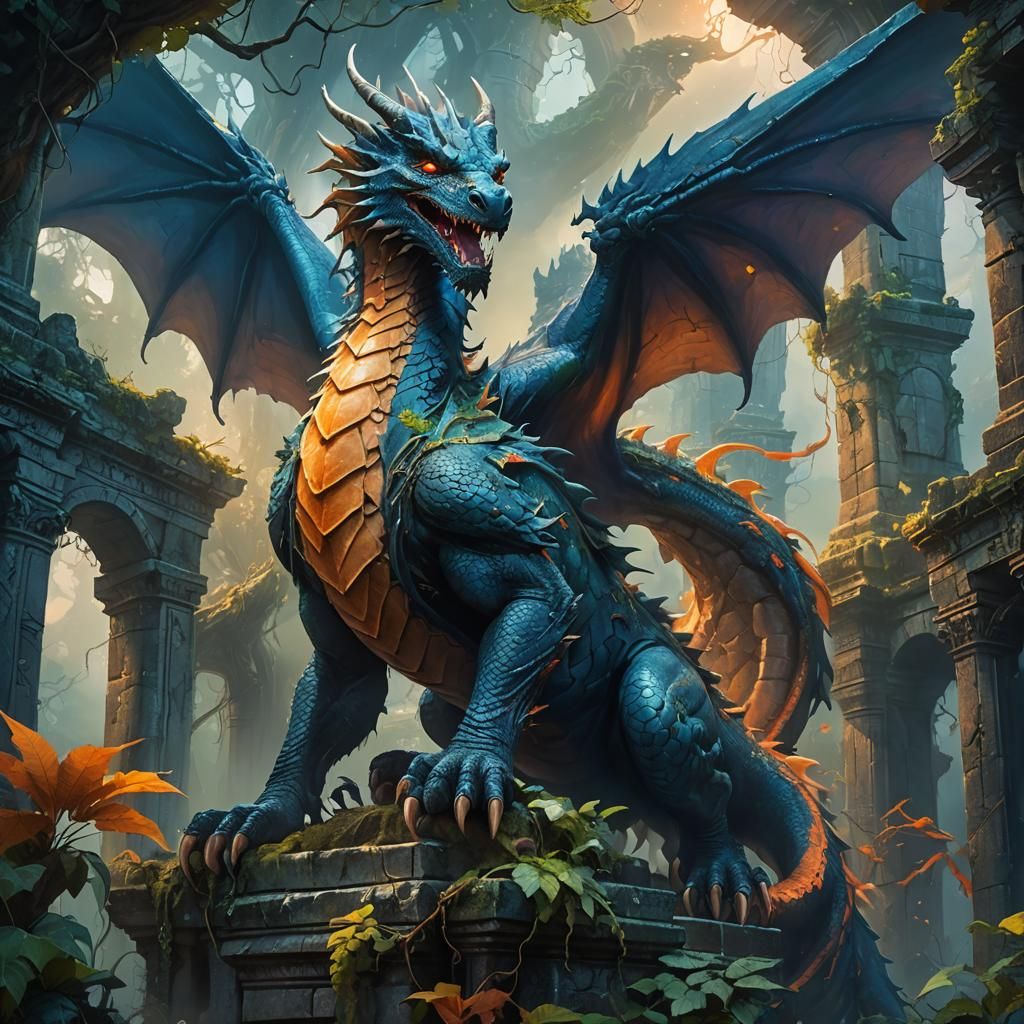 Epic Dragon Perched on Ancient Temple Ruins