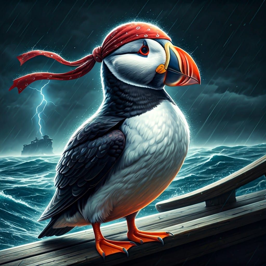 Pirate Puffin Navigating Stormy Seas: Matte Painting
