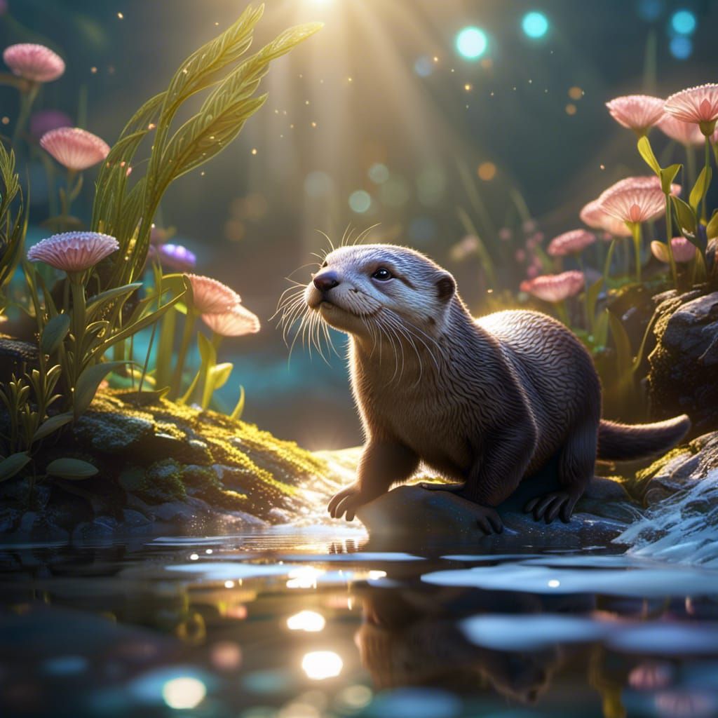Playful Otter in Enchanted River, Dreamlike Illustration