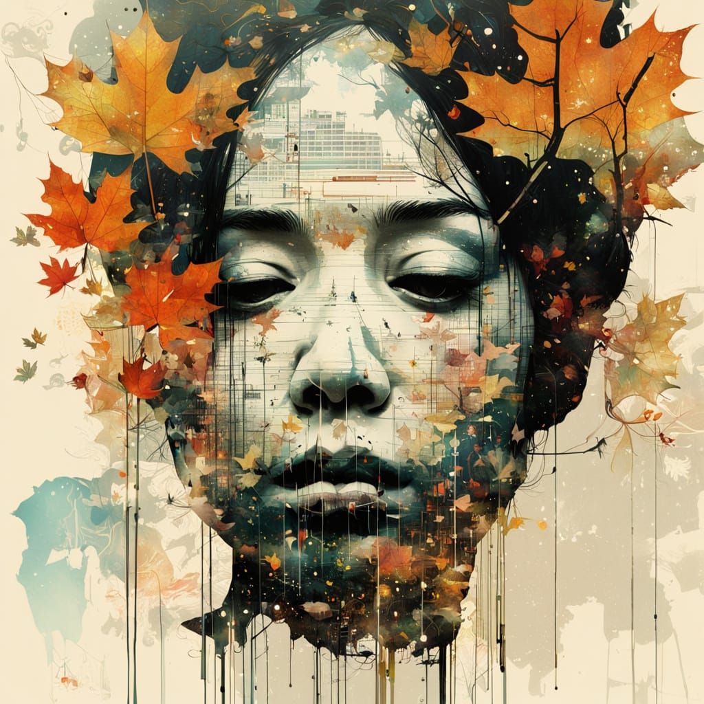 Galaxy Drips into Autumn Cityscape Silhouette