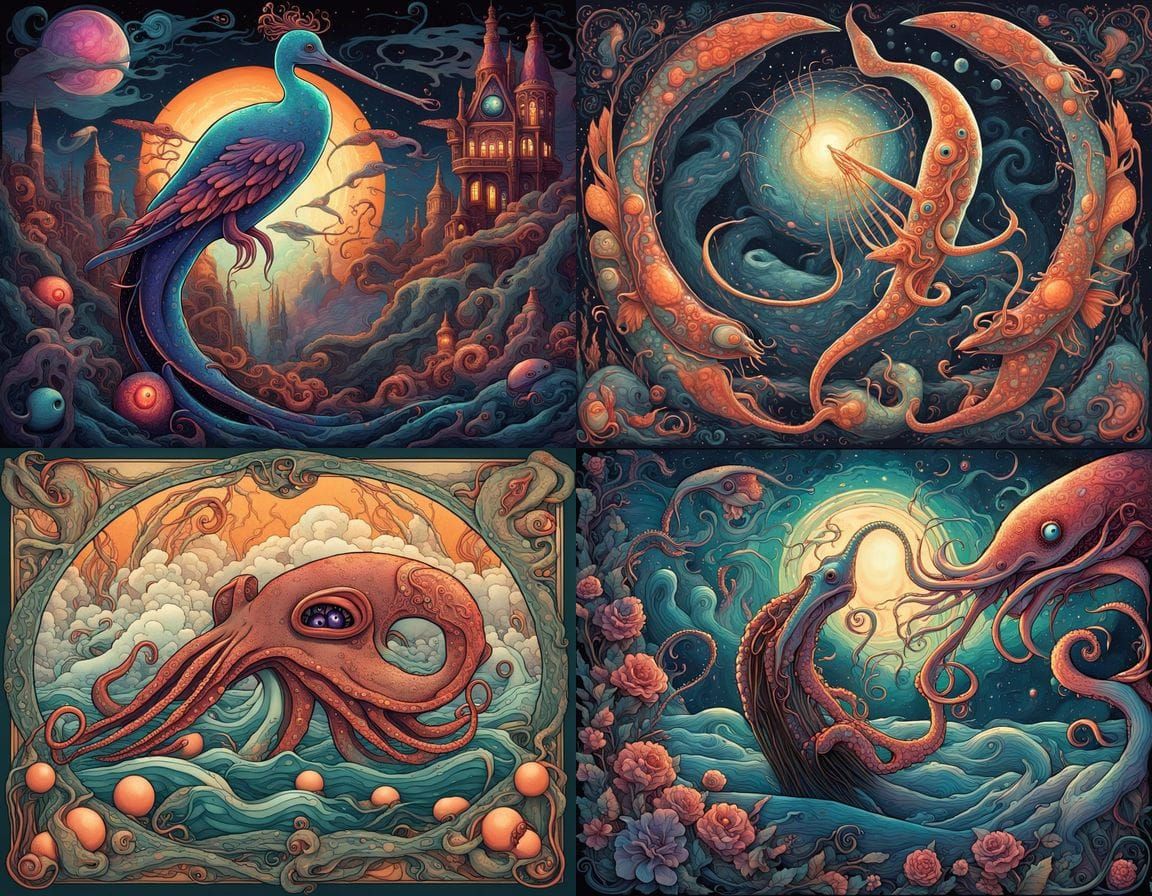 Surrealistic Mixture of Sea and Land Creatures in a Whimsica...