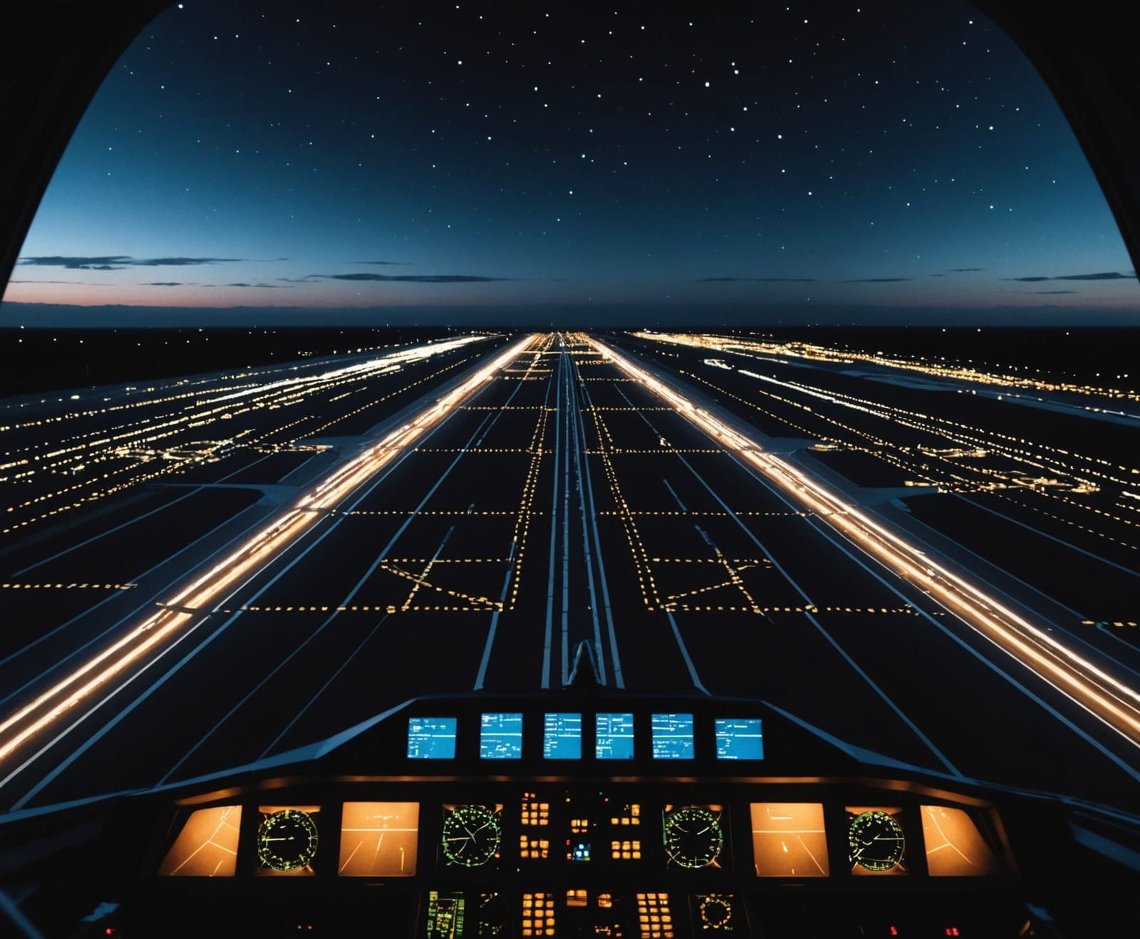 Pixelated Airport Runway Lights at Night