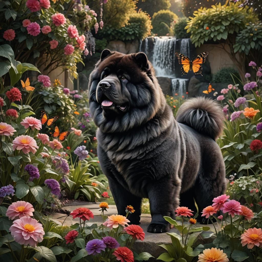 Black Chow Chow in Flower Garden: Hyper-Realistic Photo