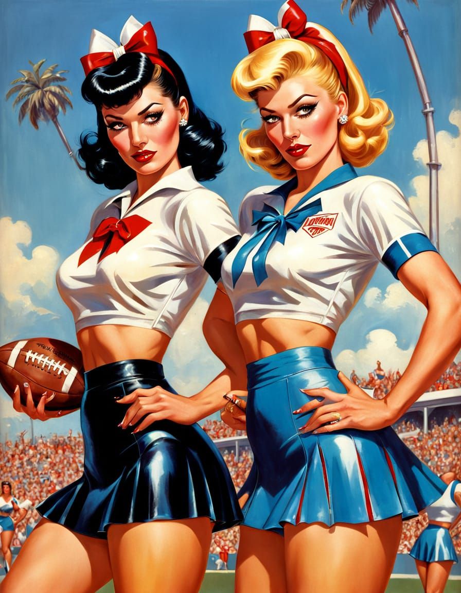 1950s Pinup Girls in Football Gear and Cheerleader Uniform