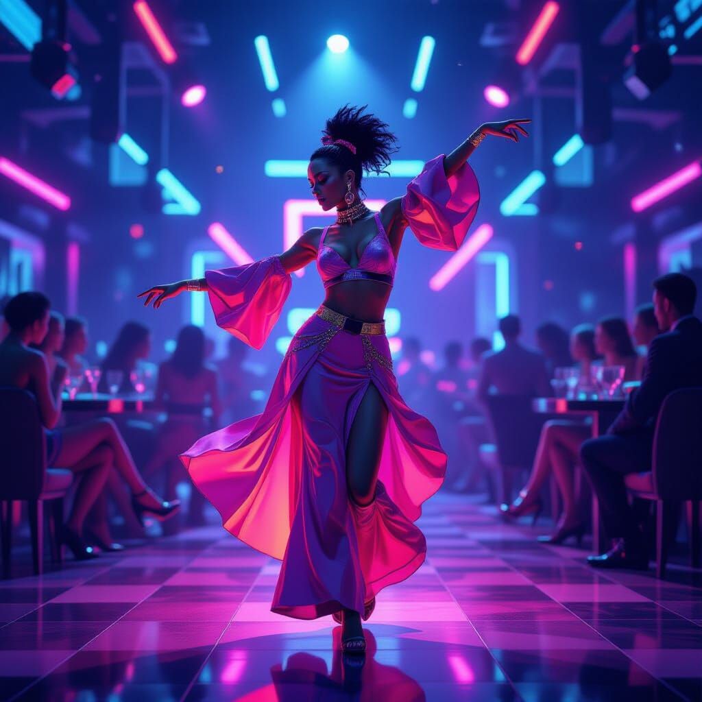 Glitching Dancer in Neon Nightclub Neo-Cubist Painting