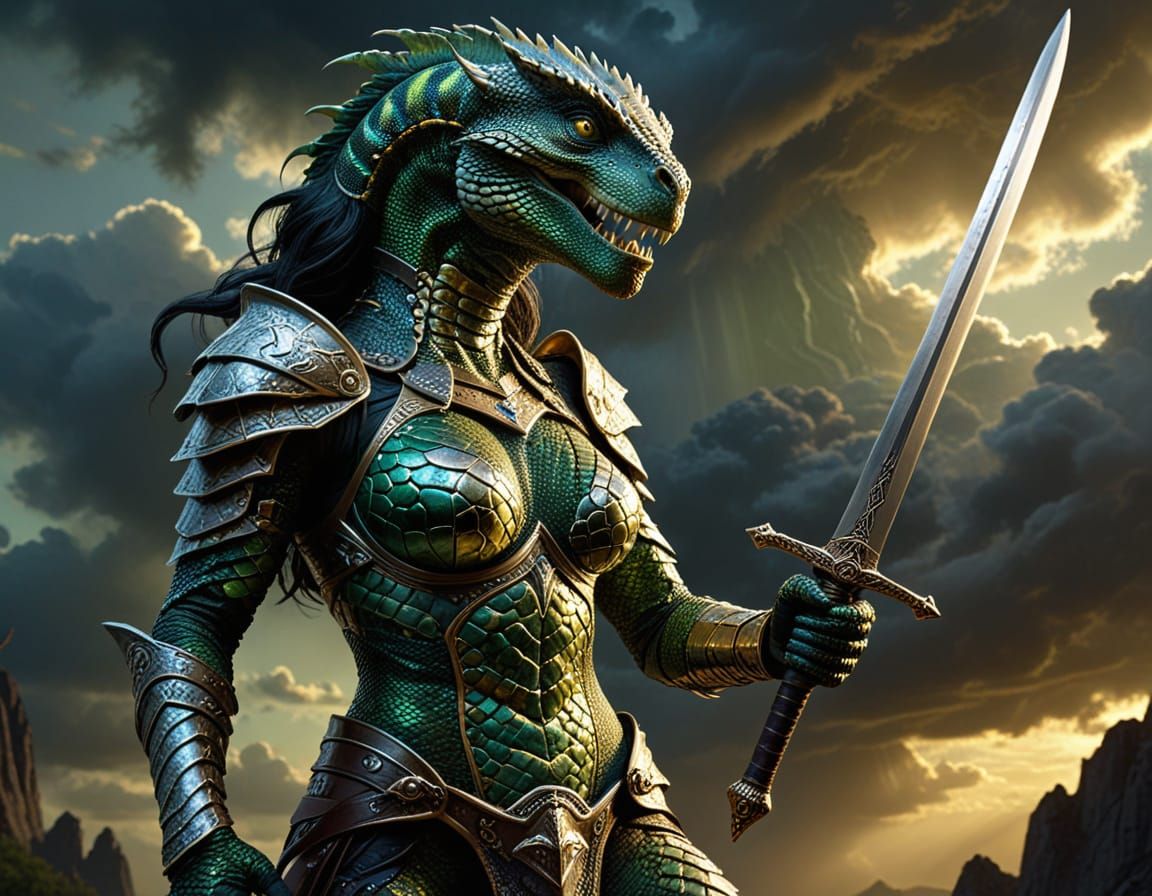 Reptilian Warrior Woman with Sword in Fantasy Art