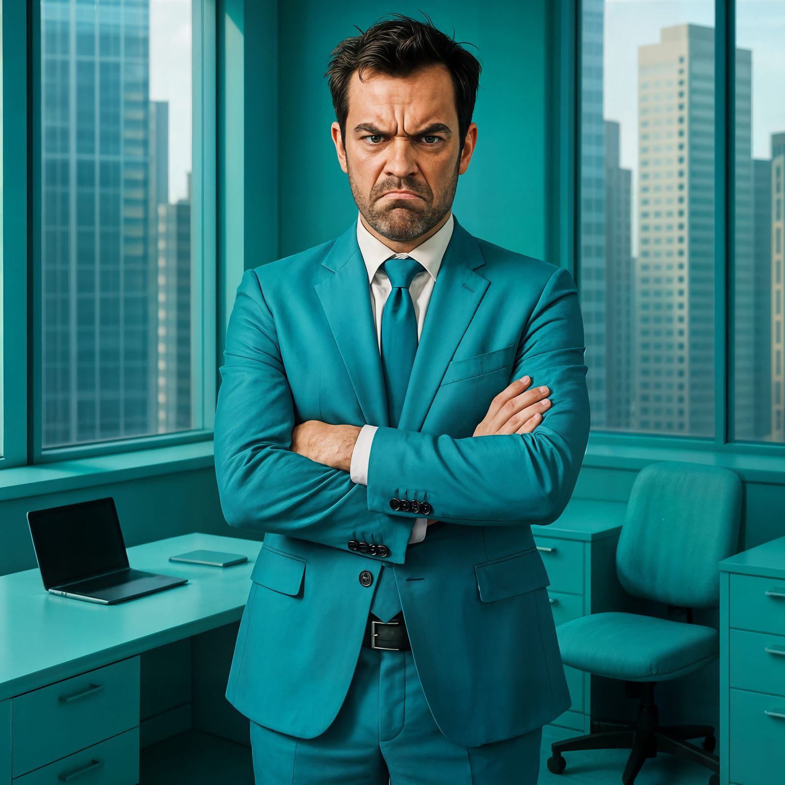 Grumpy Businessman in Turquoise Suit, Detailed Portrait
