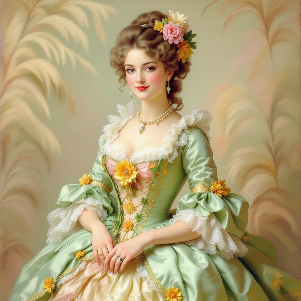 Woman in Rococo Dress with Golden Flowers