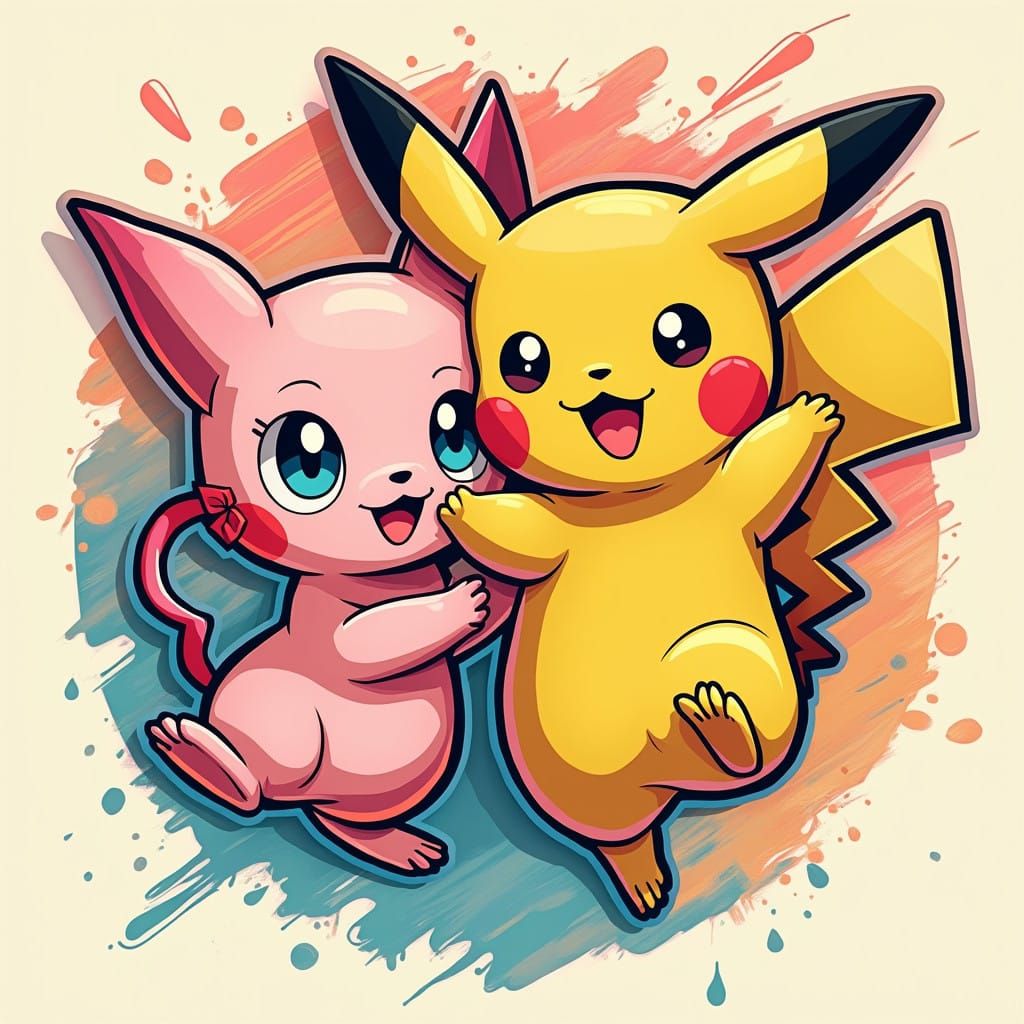 Vibrant Mew and Pikachu Streetwear Graphic