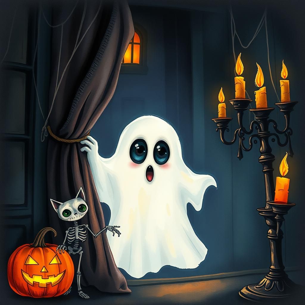 Cute Ghost in Haunted House, Dreamlike Watercolor