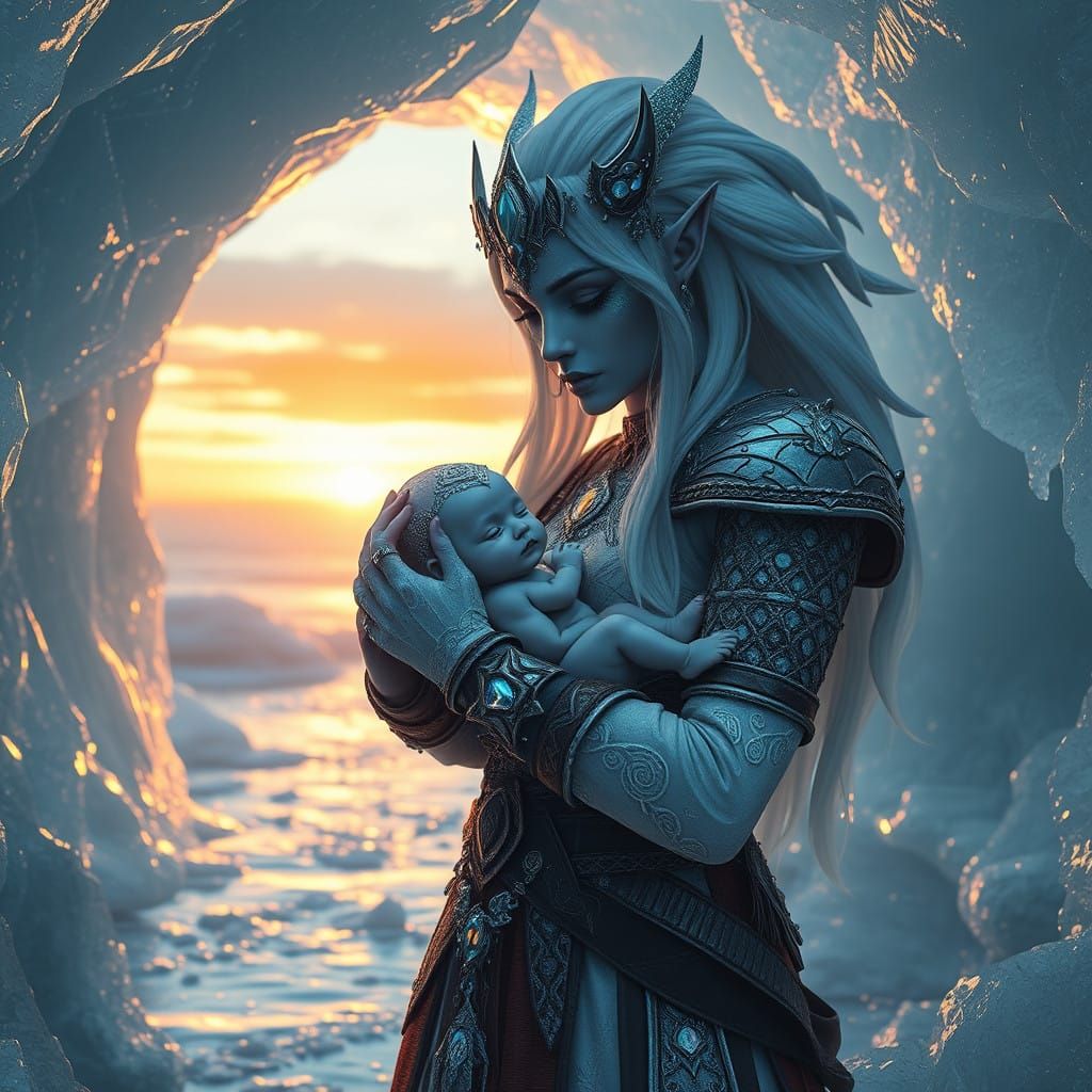 Hyperrealistic Ice Goddess Emerges with Baby Deva