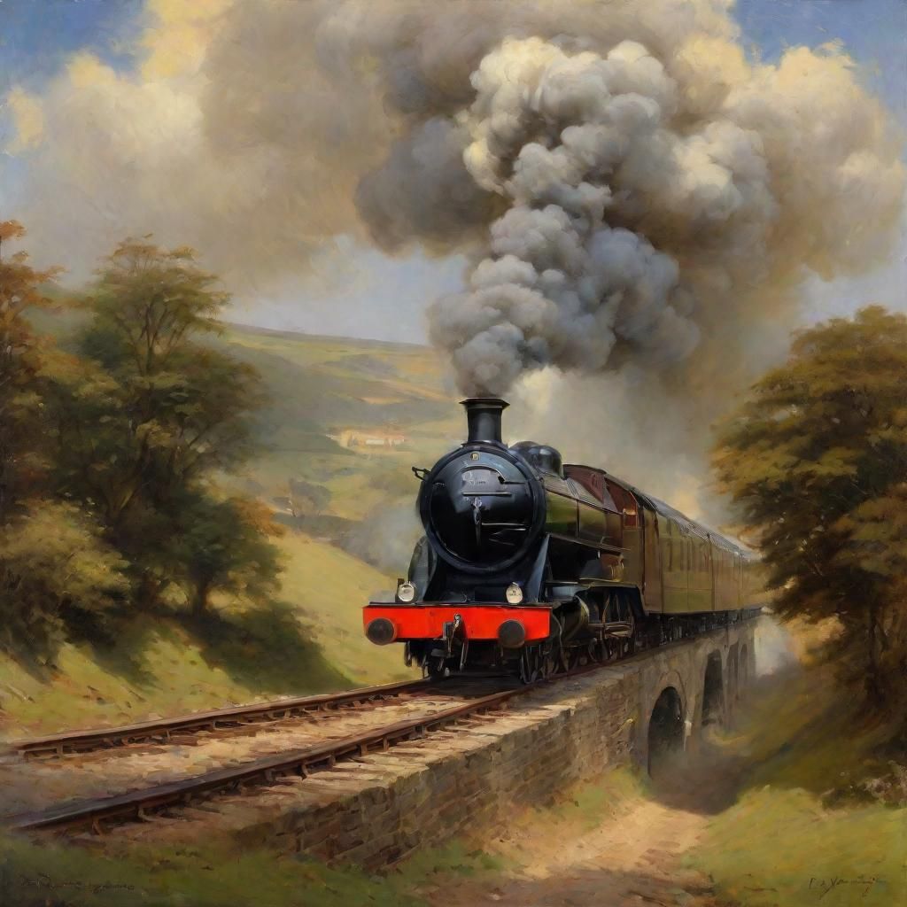 Steam Train on Viaduct: An Oil Painting
