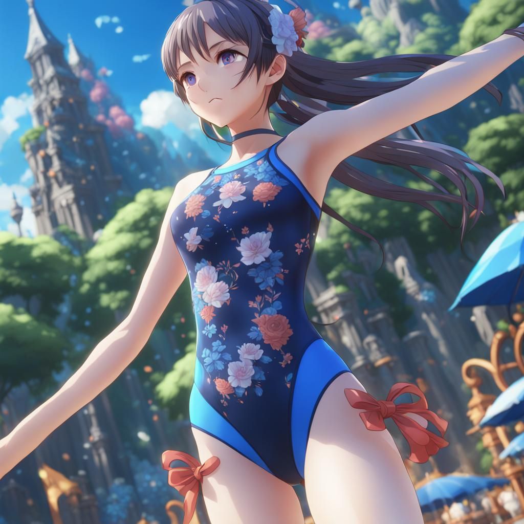 Anime Girl in Swimsuit: Detailed Matte Painting