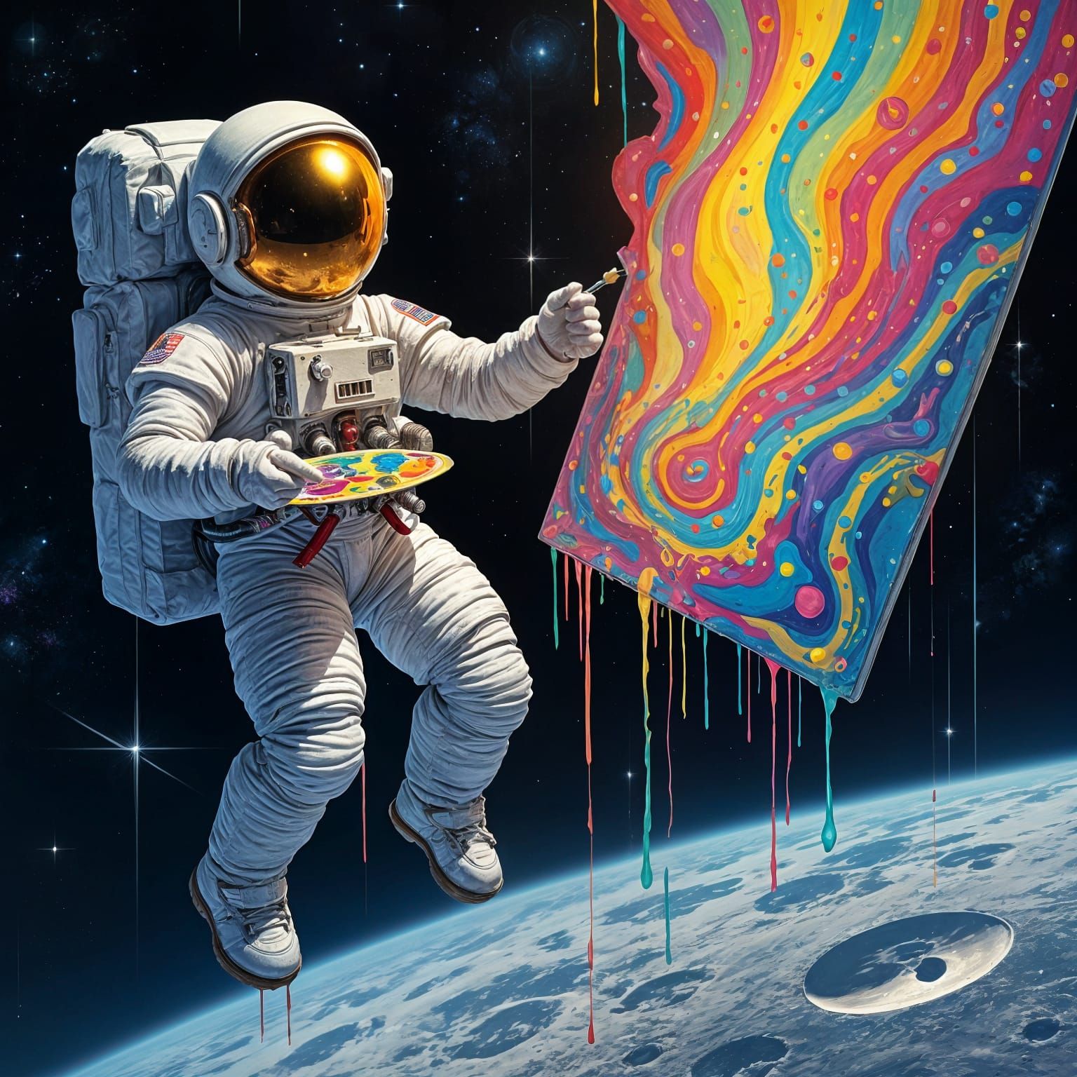 Astronaut in Space Paints Masterpiece with Rainbow Drips