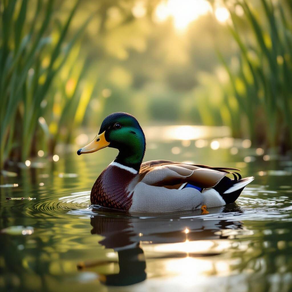 Photorealistic Mallard Duck on Sunlit Lake