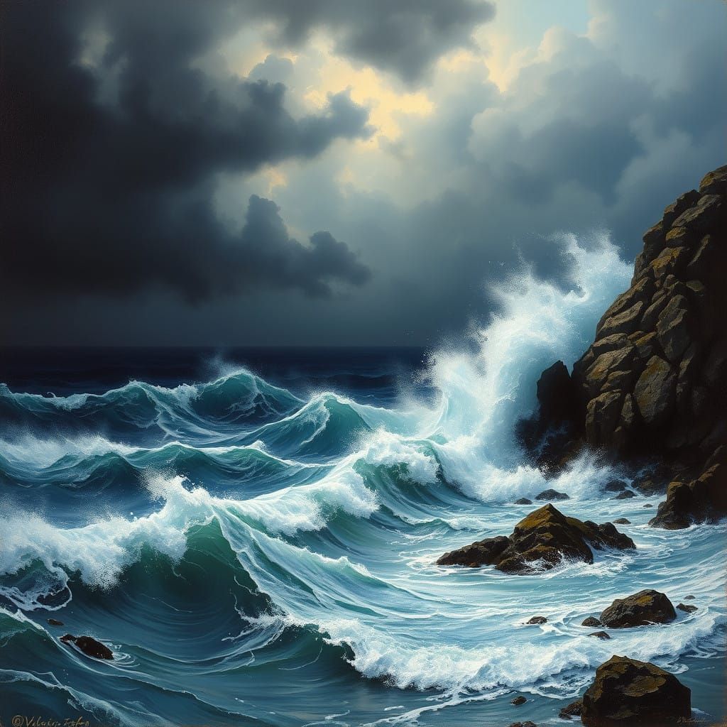 Ethereal Coastal Turmoil in Dramatic Brushstrokes
