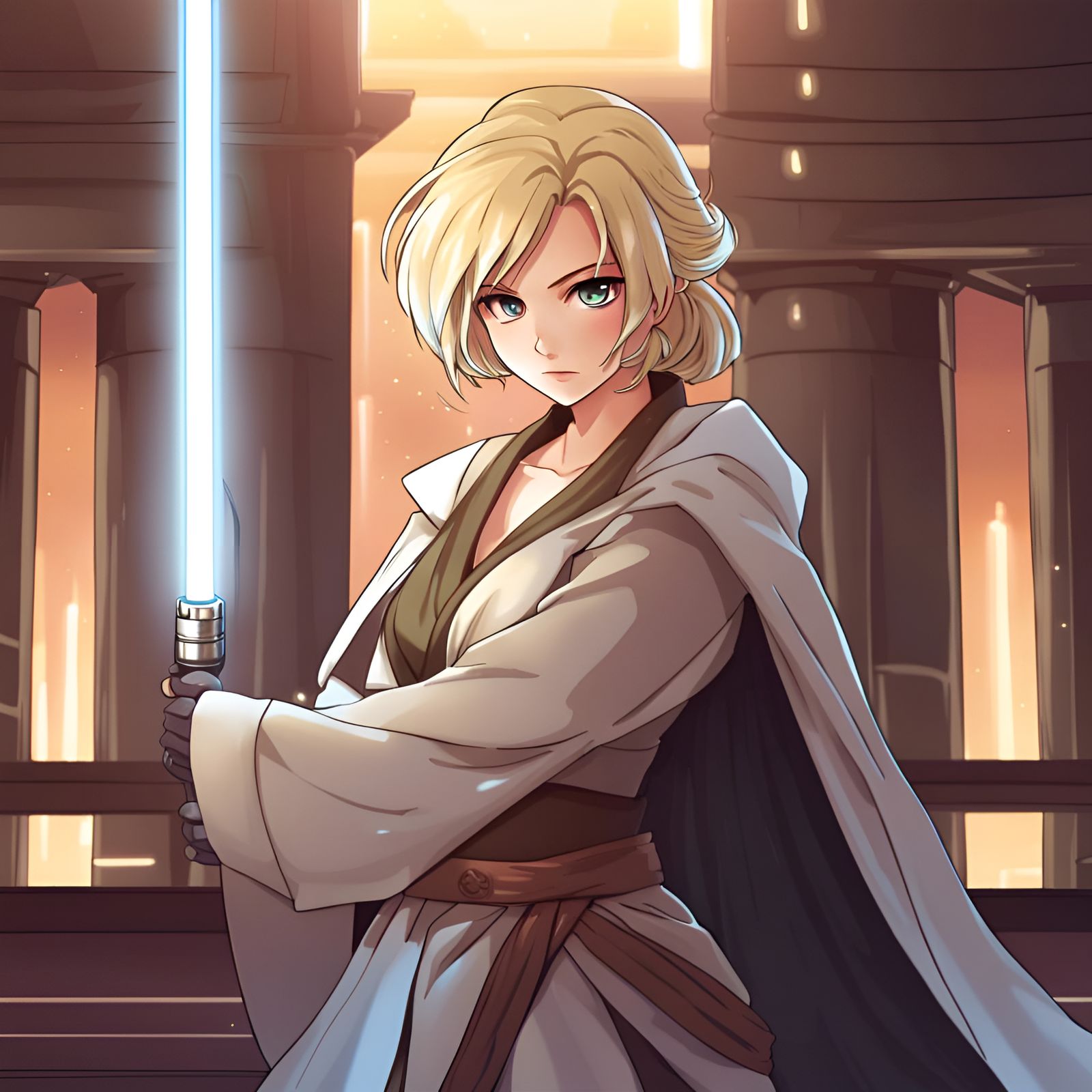 Blonde Jedi with Lightsaber in Anime Style