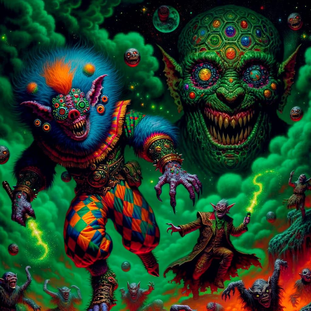 Mutant Creature and Werewolf Clown in Dark Alien Landscape