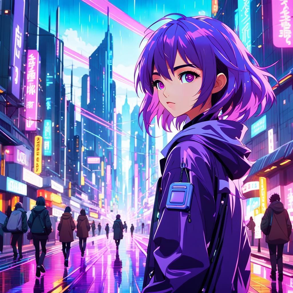 Anime Lady Wizard in Futuristic Cityscape