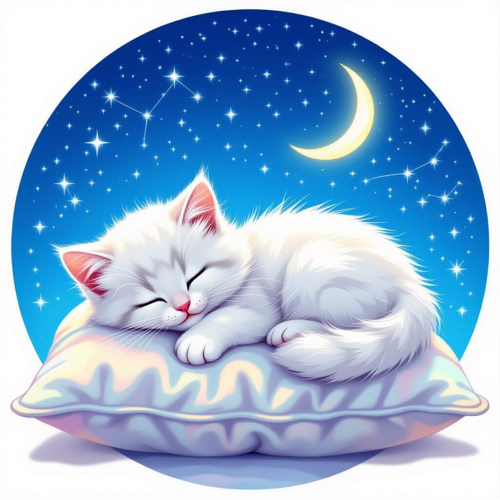 Cute Kitten Sleeping Under Starry Sky Diamond Painting Style
