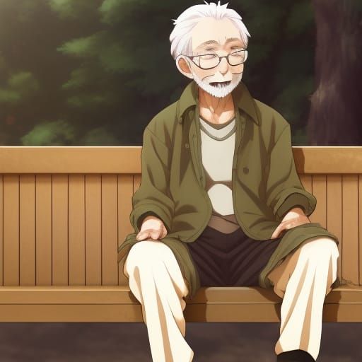 Old Man on Bench in Anime Style