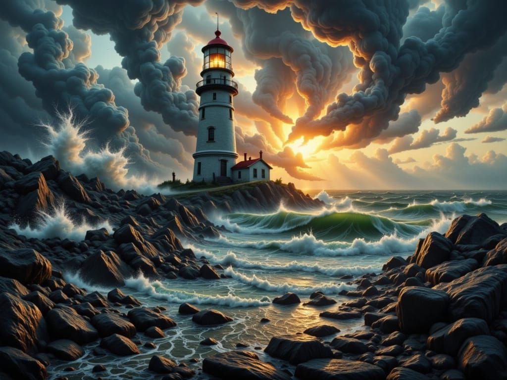 Stormy Sunset Over Coastal Lighthouse in the Eye of the Stor...