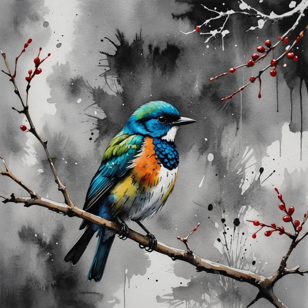 Jewel-Toned Bird on Branch with Watercolor Background