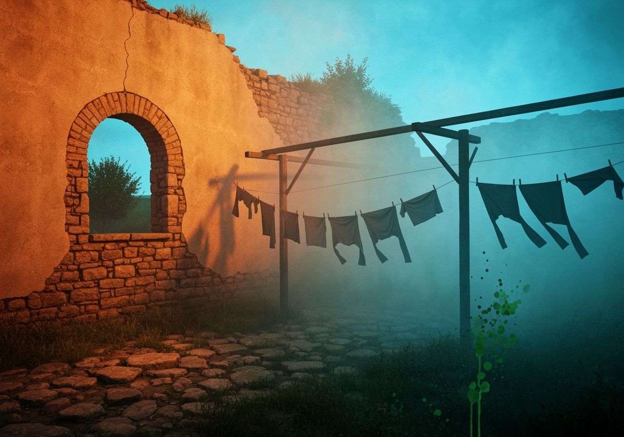 Ink Courtyard with Clothesline in Surreal Style