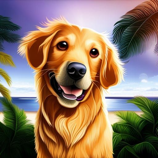 Hyperrealistic Smiling Golden Retriever on a Night Beach