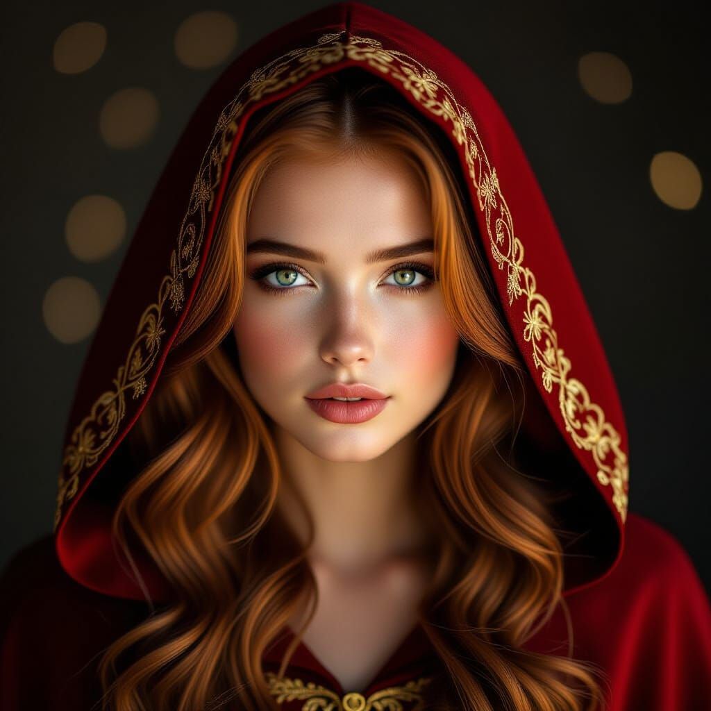 Young Woman in Red Hooded Cloak with Gold Embroidery