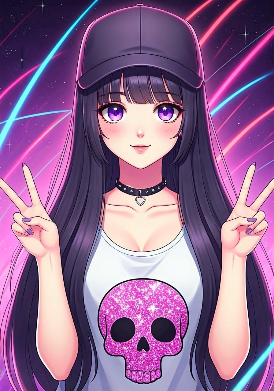 Neon Anime Girl Making Peace Sign in Pixiv Style
