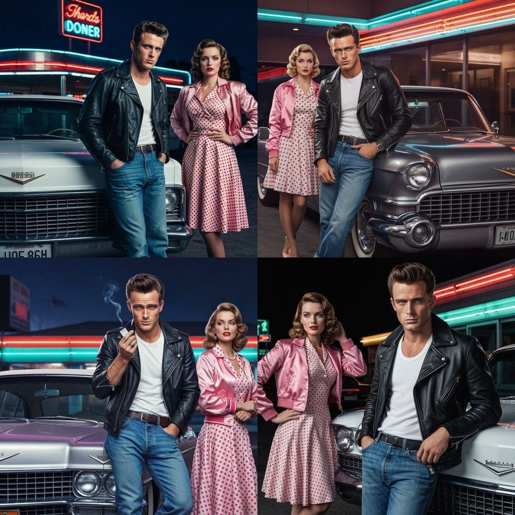 Charismatic Greaser Leans on Cadillac in Hollywood Style