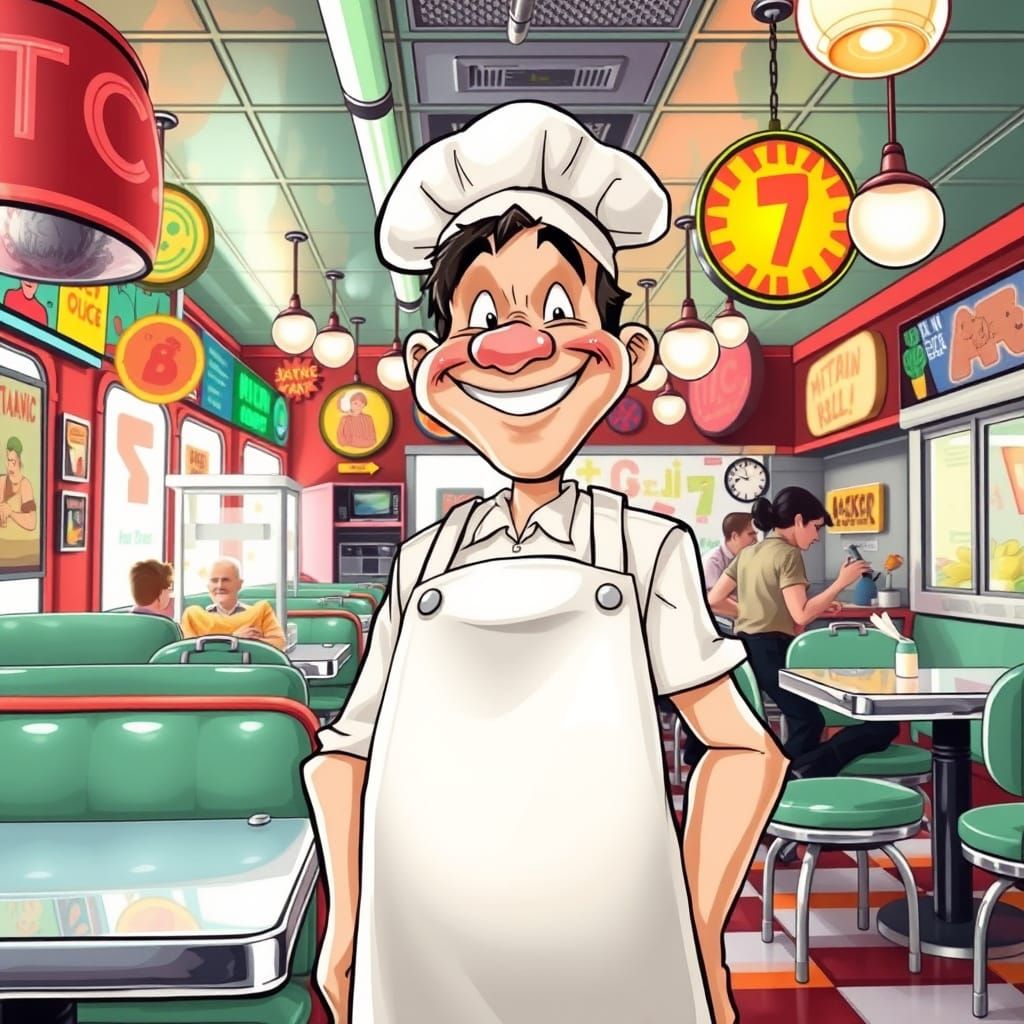 Retro Diner Cook with Exaggerated Expressions