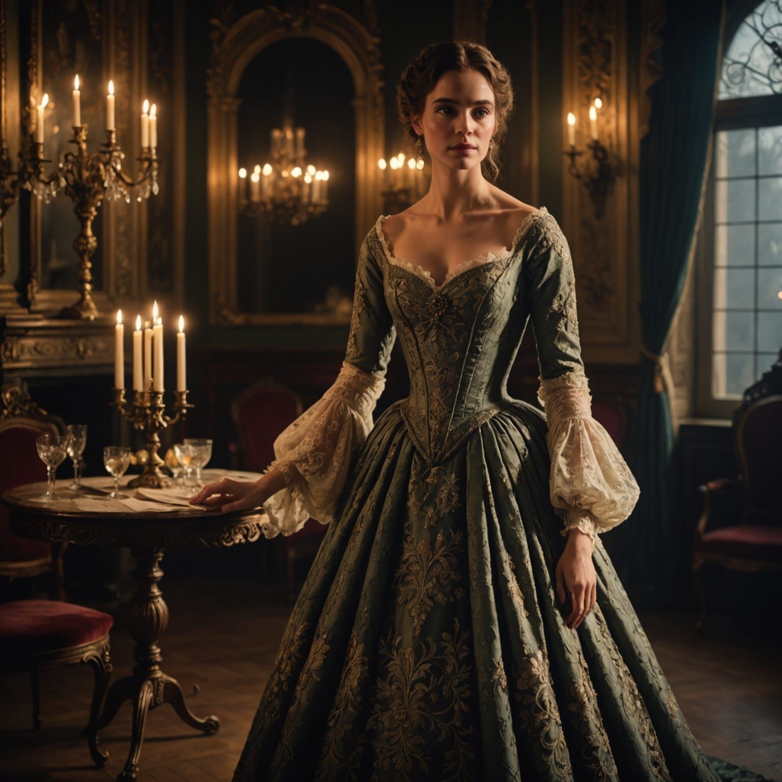 Elegant Woman in 1830s Ballgown in Candlelit Ballroom