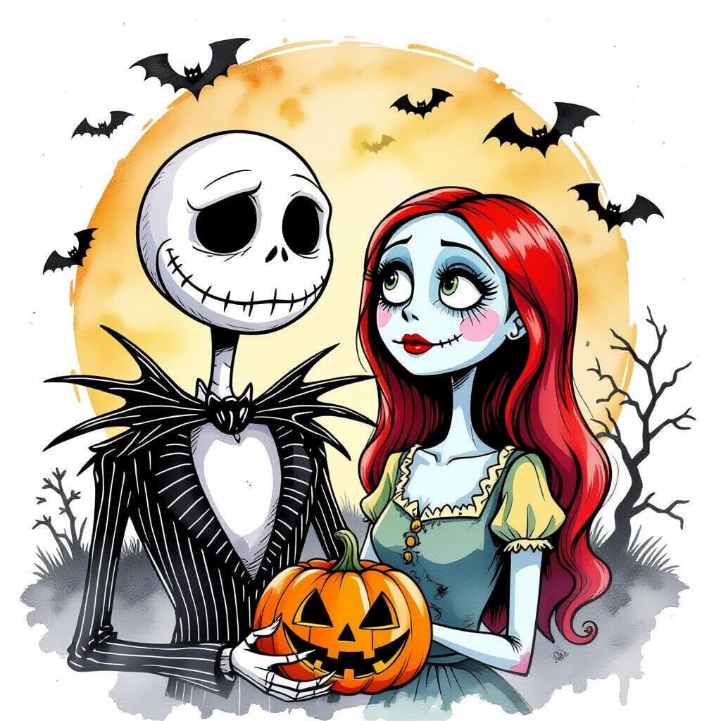 Jack and Sally: A Burton-esque Halloween Watercolor