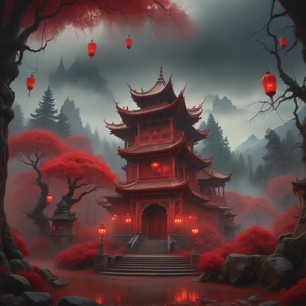 Mystical Red Garden in Cinematic Digital Painting